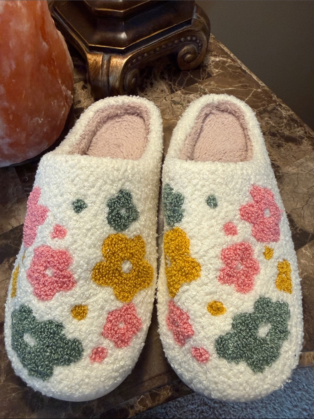 Amazon White Floral Cozy Slippers with Pink, Green, and Yellow Flowers